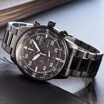 Men's Aviator Chronograph Black Dial Eco-drive Watch New Free Fast Shipping • $37.99