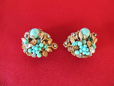 VTG DeMario NY Signed Hand Wired Turquoise Beads Rhinestone Floral Clip Earrings • $54.99
