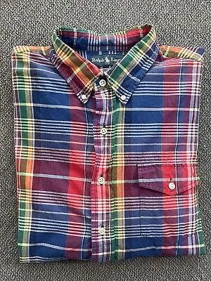 Polo Ralph Lauren Men's Long Sleeve Shirt LARGE Blue & Red Plaid Pocket Front • $22.97