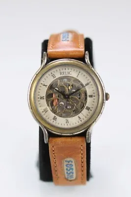 Relic Watch Men Skeleton Stainless Steel Silver Gold WR Brown Leather Quartz • $34.93