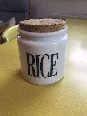 Vintage Milk Glass Storage Jar Marked Rice With Cork Lid Retro 70’s • £12