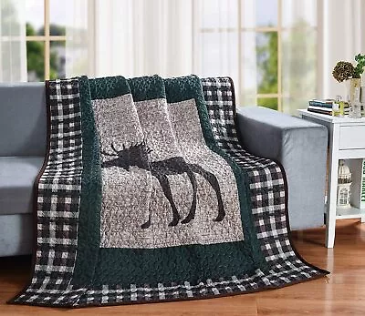 Moose Quilt Throw Blanket Lodge Cabin Mountain Style Bedding Bedspread Coverlet • $34.95