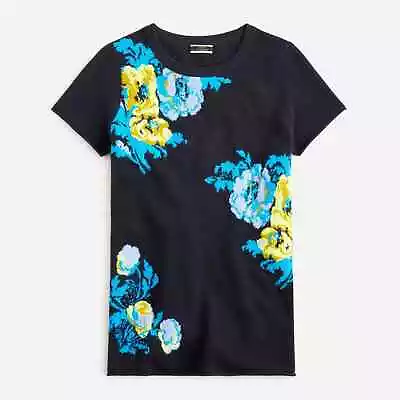 Rare J CREW Short Sleeve Cashmere T-Shirt Sweater XS Floral Print Dark Navy • $69.99