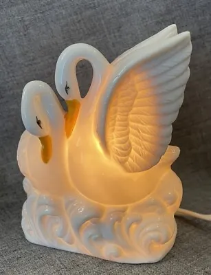 I. W. Rice & Co Porcelain Double Swans Night Light Perfume Burner Lamp Vtg 70’s • $28.99