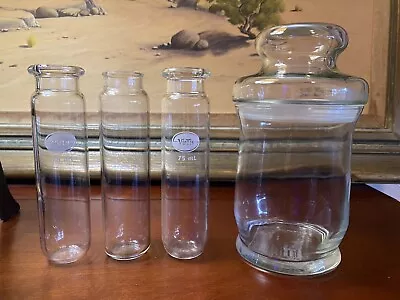 Lab Glassware Lot: 3x 75 ML Glass Tubes & 1x Apothecary-style Glass Jar. • $12