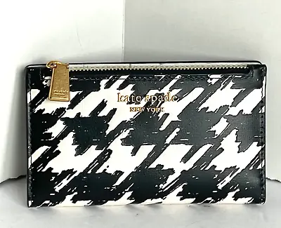 Kate Spade Morgan Small Slim Bifold ID Wallet Painterly Houndstooth Black Leathe • $89.98