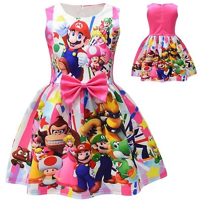 UK Kids Super Mario Costume Girls Princess Peach Brithday Party Fancy Dresses Up • £11.99