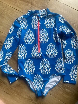 Mini Boden Girls Blue Floral Bird Print Long Sleeve Swimsuit Pink Zip S 9-10 • $14.99