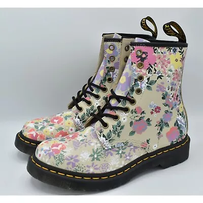 Dr Martens 1460 Womens Size 7 Tan Floral Lace Up Combat Boots Shoes • $131.85