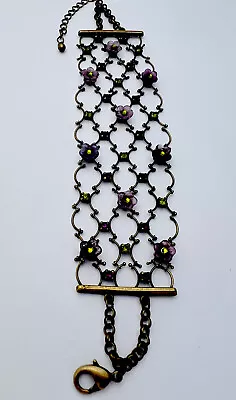 Vintage 1980-90s Brass Finish Lucite Crystal Flower Bracelet 7”+2” Ext • $34.99