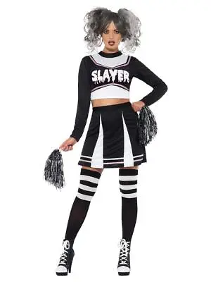 Ladies Gothic Cheerleader Uniform Sexy Costume & Pom Poms Fancy Dress Outfit • £22.31