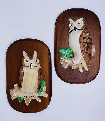 Set Of 2 Vintage 9  Wall Hanging Ceramic Owls On Wood Plaques 3 Dimensional • $20.99