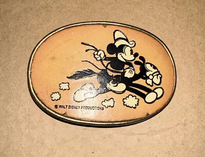 VERY RARE Mickey Mouse Belt Buckle Cowboy Brass Leather Walt Disney Prod Vintage • $99.99