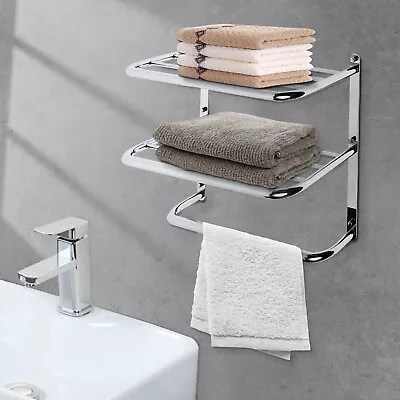 2 Tier Wall Mounted Towel Rack Bathroom Hotel Rail Holder Storage Shelf Chrome • $31