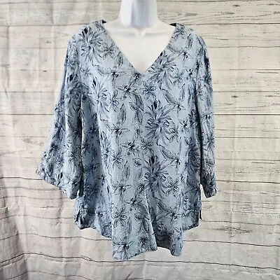 J Jill Love Linen Womens Top Sz Large Blue Floral 3/4 Sleeve V-Neck • $27.99