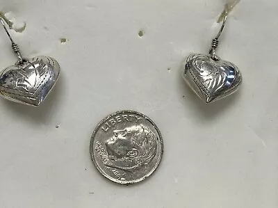 Vintage Sterling Silver Diamond Cut Etched Puffy Heart Drop Dangle Earrings • $26.50