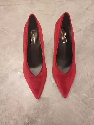 M&S COLLECTION Velvet Stiletto Heel Pointed Court Shoes UK Size 7 EU 40.5 RED • £12.99