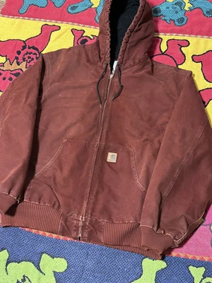 $135 • Buy Vintage 90s Carhartt Mens Jacket Duck Canvas Hooded Full Zip Maroon Red Faded