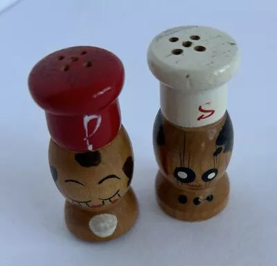 VINTAGE Wooden Chef SALTY & PEPPY Salt & Pepper Shakers 1950s Hand Painted JAPAN • $12