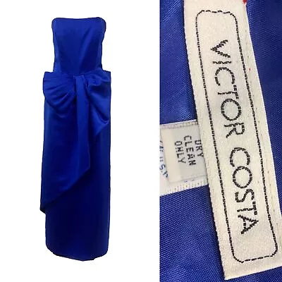 Vtg Vintage 1990s 90s Victor Costa Glam Old Hollywood Royal Blue Bow Dress • $285