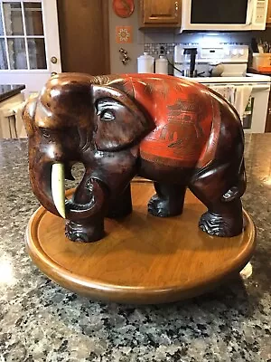 VINTAGE Large 9” Hand Carved Wooden Elephant SOLID Wood TUSKS RED SADDLE JAPAN • $109.90