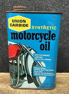 Vtg 1970s 80s Union Carbide Synthetic Motorcycle Motor Oil 1 Quart Oil Can FULL • $34.95