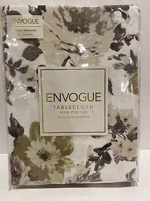 NEW Envogue 90” Round Tablecloth 100% Cotton White With Gray And Beige Floral • $45