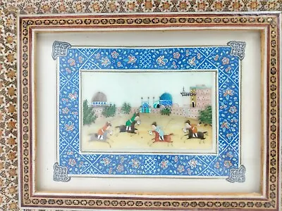Vintage Persian Mughal Polo Game Miniature Painting In 9.8 X 8  Marquetry Frame • $69.95