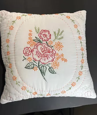 Vintage Hand Embroidered Rose Floral Needlepoint Wild Flowers 17” Throw Pillow • $18.58