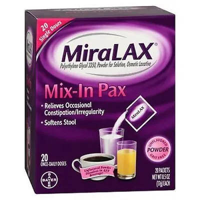 MiraLAX Osmotic Laxative Powder Mix-In Pax 20 Each By Bayer • $33.01