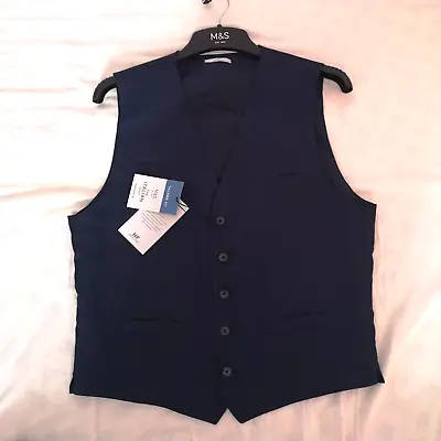 M&S Mens Marks And Spencer Navy Tailored Fit Italian Linen Miracle Waistcoat • £18.50