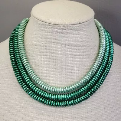 Beaded Necklace Vtg Japan Green Variegated Three Strand Cap Acrylic Beads 17  • $35