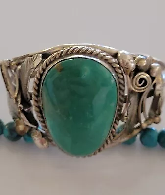 Solid Old Pawn Vintage 1990s Green Turquoise & Sterling Silver Leaf Bracelet • $59