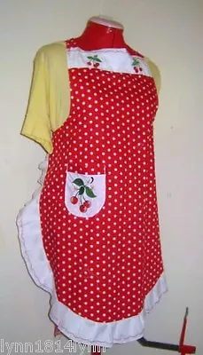 LADIES RED CHERRY APRON WITH CHERRY TRIM AND POCKETS Made To Fit Can Personalise • £11.21