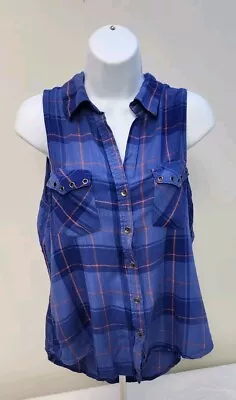 SHYANNE Western Wear Sleeveless Button Up Shirt Blue Plaid Soft Cool Lightweight • £9.49