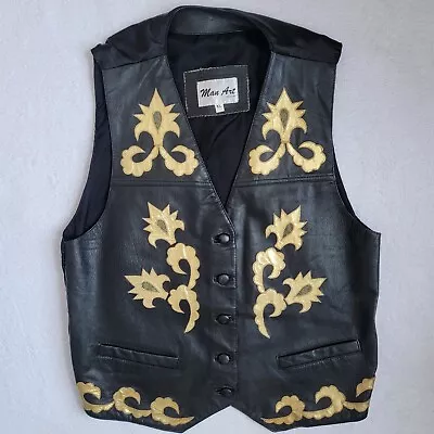 Man Art Designs Black Leather Vest With Gold Scroll Design. Unique Rare. Size XL • $35