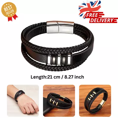 Mens Black Leather Bracelet Wristband Stainless Steel Clasp Jewellery Gift UK • £7.99