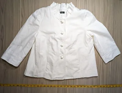 J Crew Atelier Canvas Ruffle Neck White 3/4 Sleeve Jacket Cotton Womens Size 0 • $28.97