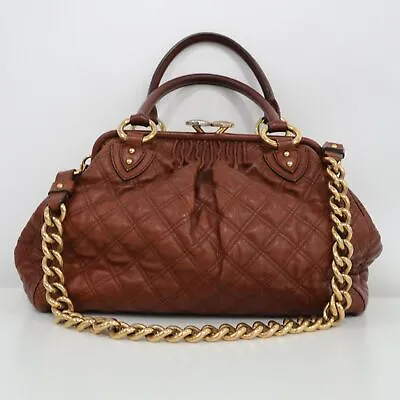 Marc Jacobs Stam Purse Satchel Frame Handbag Brown Quilted Leather Chain Strap • $559.20