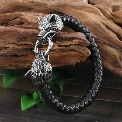 Men's Viking Wolf Head Leather Rope Bracelet +Gift Bag • £7.49