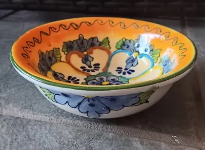 Vintage Hand Painted Mexican Bowl Pottery 6  Folk Art Raised Flowers Yellow Blue • $13