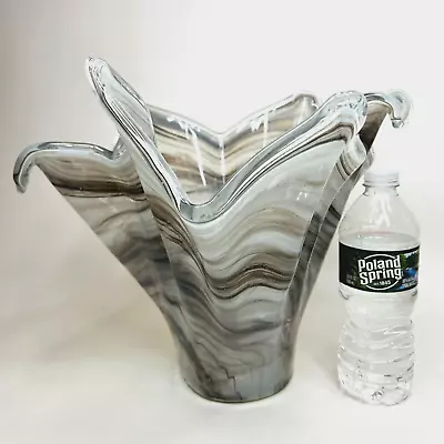 Murano Vase Large Ruffled Gray And White Handkerchief Swirl Designed Glass  11 T • $58