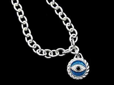 Judith Ripka 925 Sapphire CZ & Enamel Evil Eye Pendant W/ 925 Heavy Necklace 72g • $310