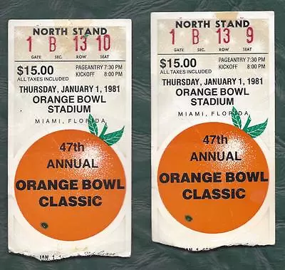 1981 Orange Bowl Football 2 Tickets Florida State Seminoles V Oklahoma Sooners • $36.99