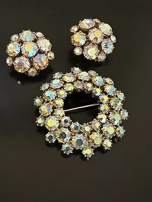 Vintage Weiss Aurora Borealis Rhinestone Brooch And Earrings Gold Tone Sparkle! • $55