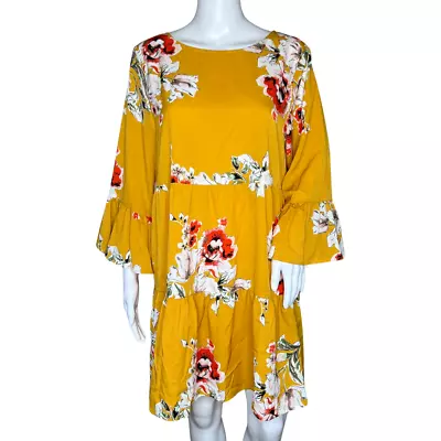 QED London Dress Womens 10 Yellow Floral Flower Bell Sleeve Tiered Boho Peasant • $19.92