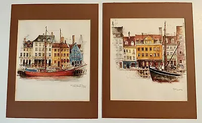 Set Of 2 Vintage ART; 14” X 11” Nyhavn Mads Stage Denmark Copenhagen SignedMats • $35