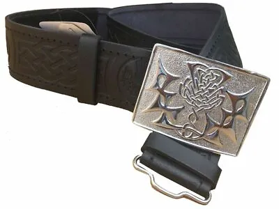 Leather Thistle Design Kilt Belt Black Scottish Chrome Finish Celtic Buckle  • $21.99