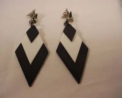 Vintage Retro Art Deco Black And White Acrylic  Earrings 1960s #2 • £24.12