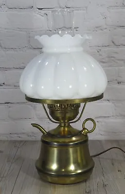 Vtg. Brass  Oil Can  Hurricane Table Lamp W/Milk Glass Melon Shade & Chimney • $23